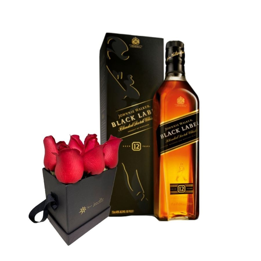 Whisky Johnnie Walker Etiqueta Negra 750 Ml mas Box por 6 rosas