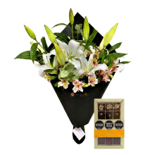 Ramo en Cono de Liliums y Alstroemerias más Trufas Rapanui x15