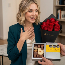 Ramo en Cono por 12 Rosas más Chocolates Surtidos Rapanui 250g