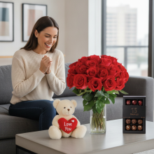 24 Rosa en Florero Mas Oso de Peluche y 15 Bombones
