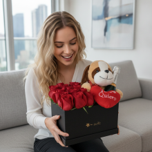 15 Rosas en Caja mas  Champagne y Perrito