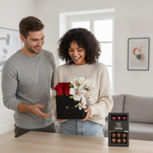 Caja por 6 Rosas y Alstroemerias con Bombones