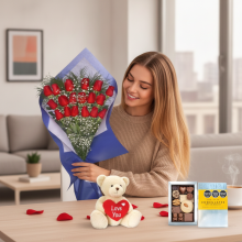 Ramo por 18 Rosas Mas Peluche Oso y Bombones