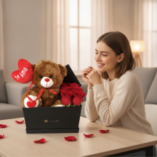 Box San Valentín  6 Rosas, Bombones y Peluche Oso Corazón