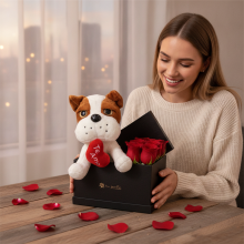 Box San Valentin 6 Rosas, Bombones y Peluche Perro Corazón