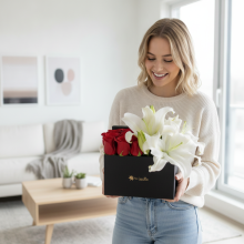 12 Rosas mas Liliums en Fina Caja Tu Jardin