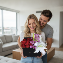 12 Rosas con Liliums y Alstroemerias en Fina Caja Tu Jardin