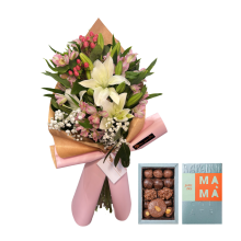 Ramo Liliums, Alstroemerias e Hipérico mas Chocolates Rapanui 250gr